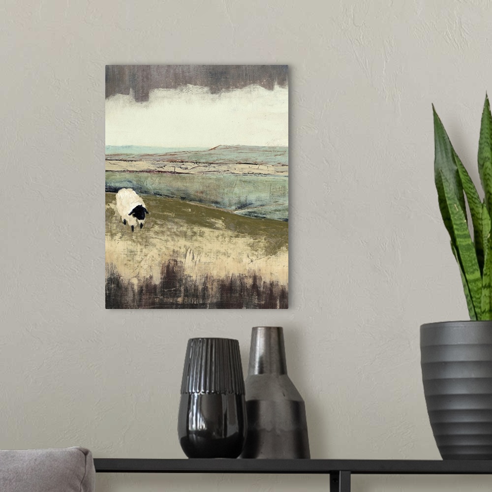 A modern room featuring Painting of a lone sheep in a field under a sky of dark clouds.