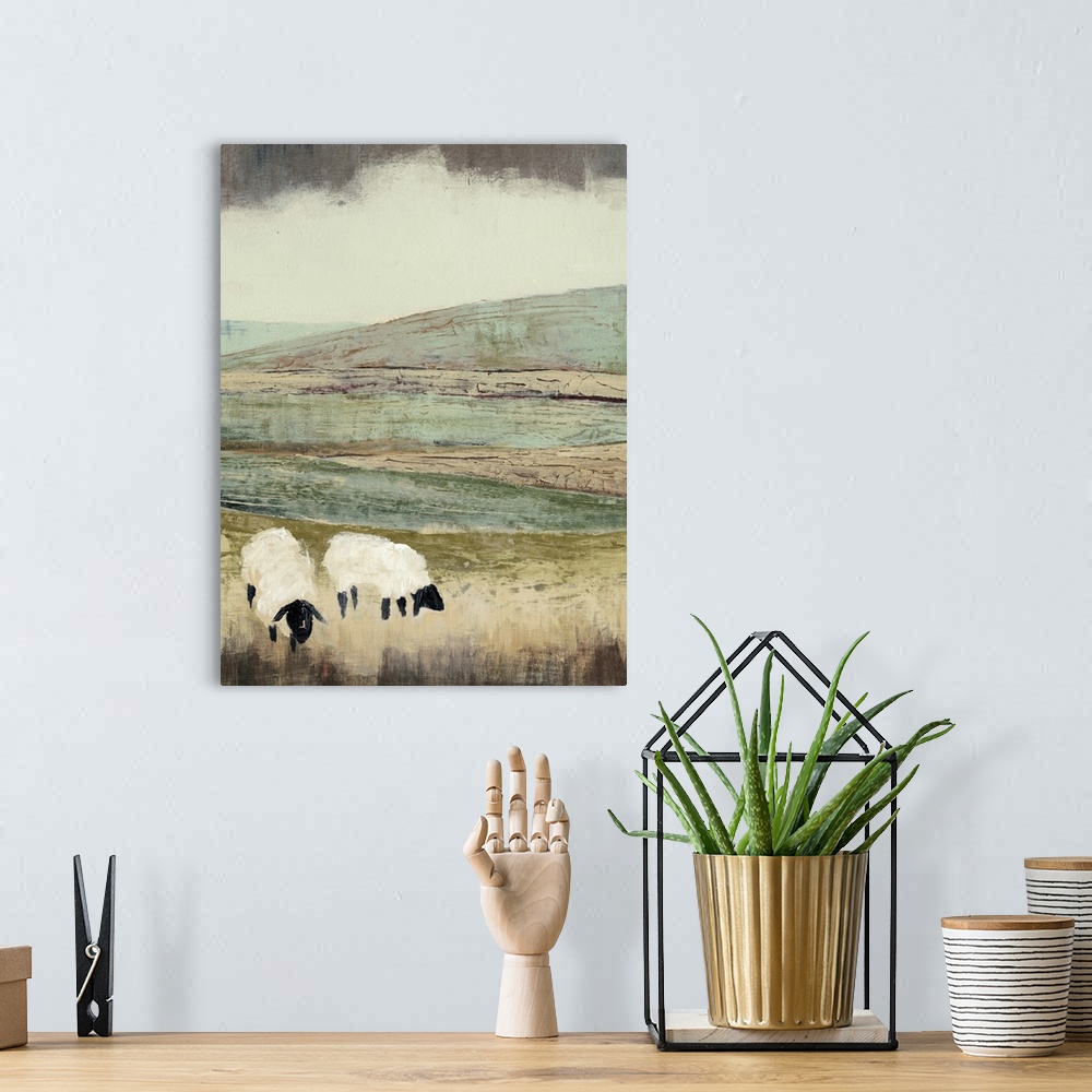 A bohemian room featuring Painting of two sheep in a field under a sky of dark clouds.