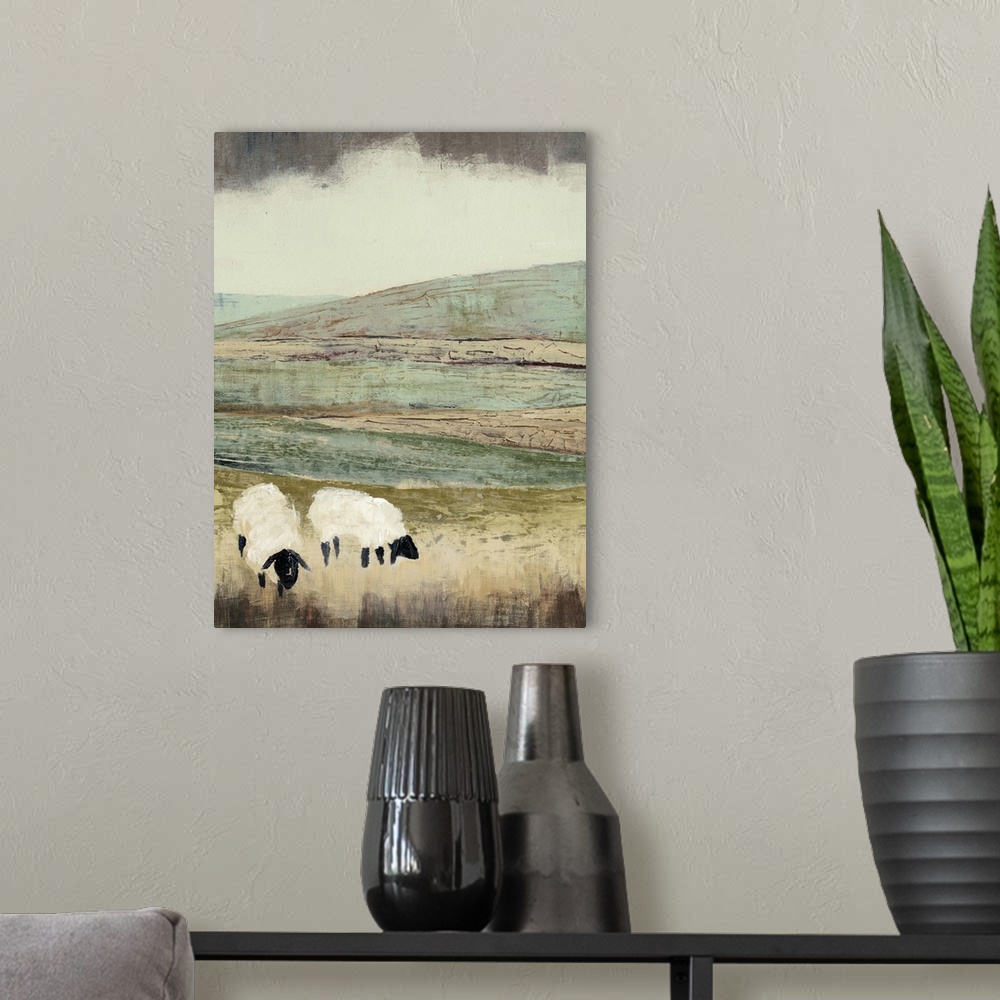 A modern room featuring Painting of two sheep in a field under a sky of dark clouds.