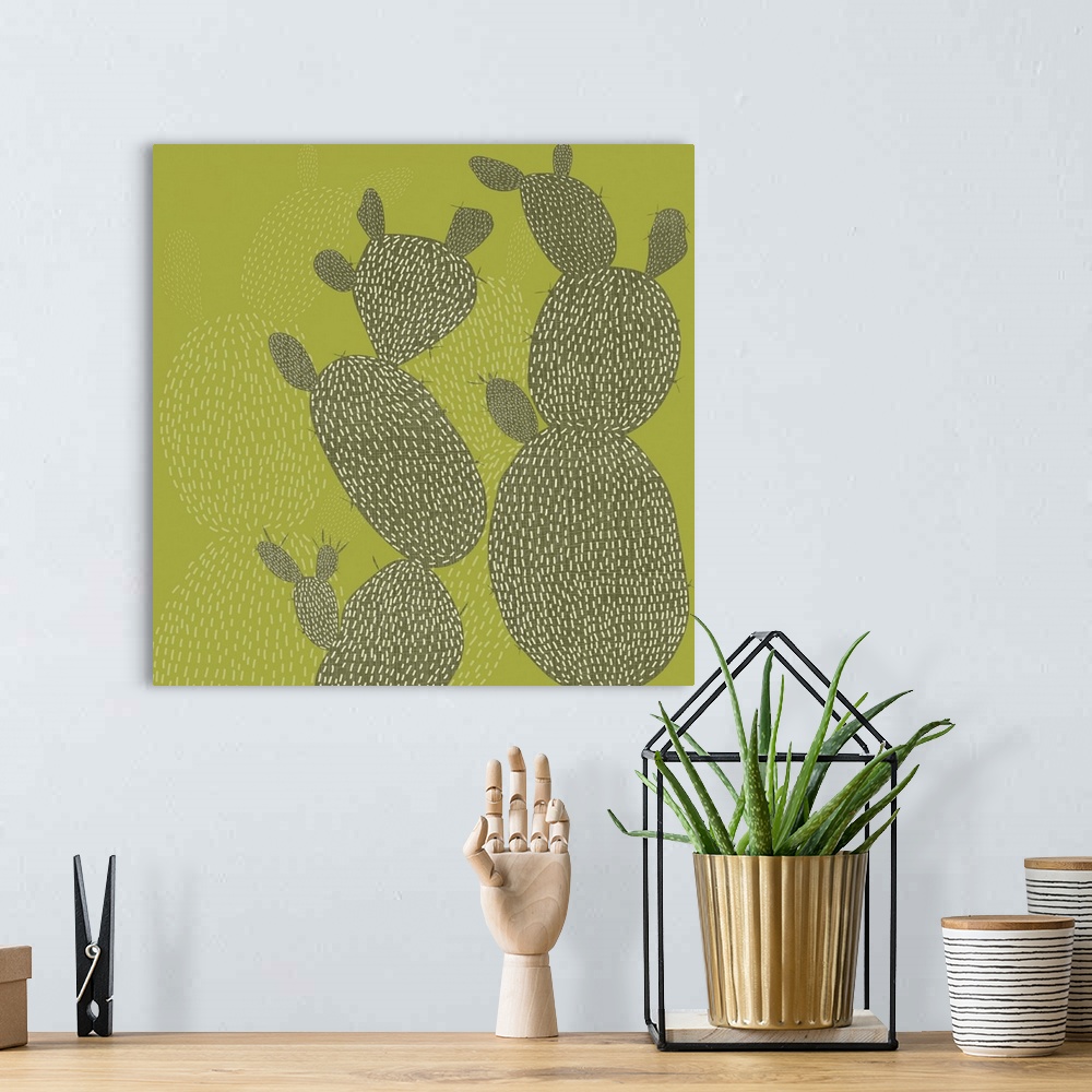 A bohemian room featuring Cactus shapes and designs fill this decorative artwork in light and dark shades of green with a l...