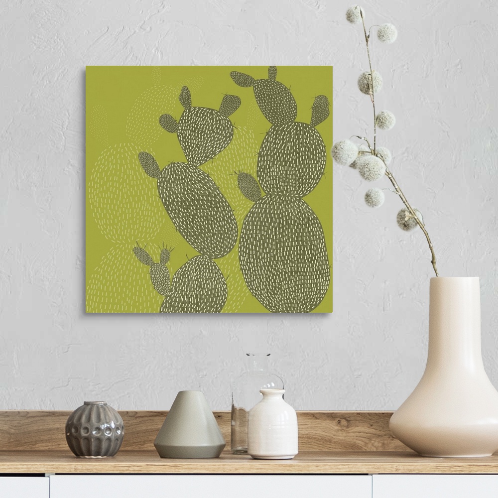 A farmhouse room featuring Cactus shapes and designs fill this decorative artwork in light and dark shades of green with a l...