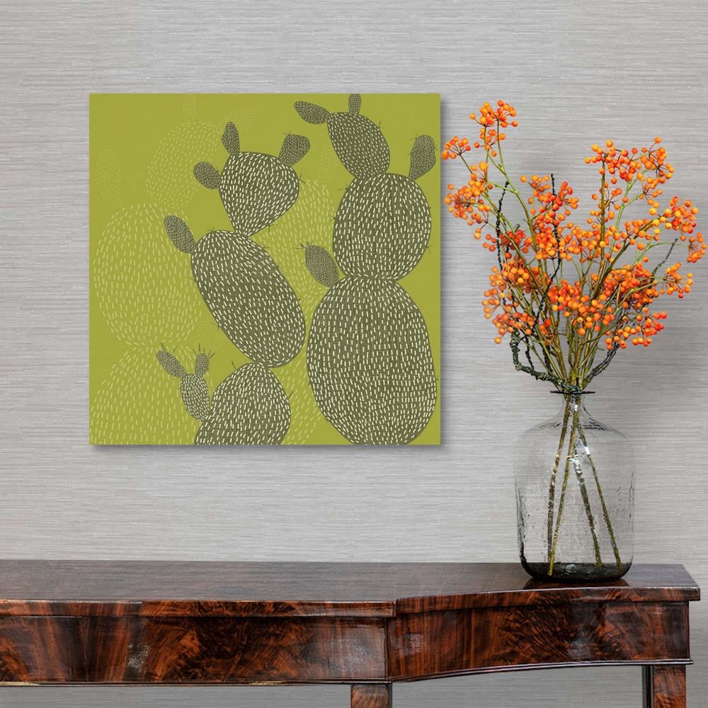 A traditional room featuring Cactus shapes and designs fill this decorative artwork in light and dark shades of green with a l...