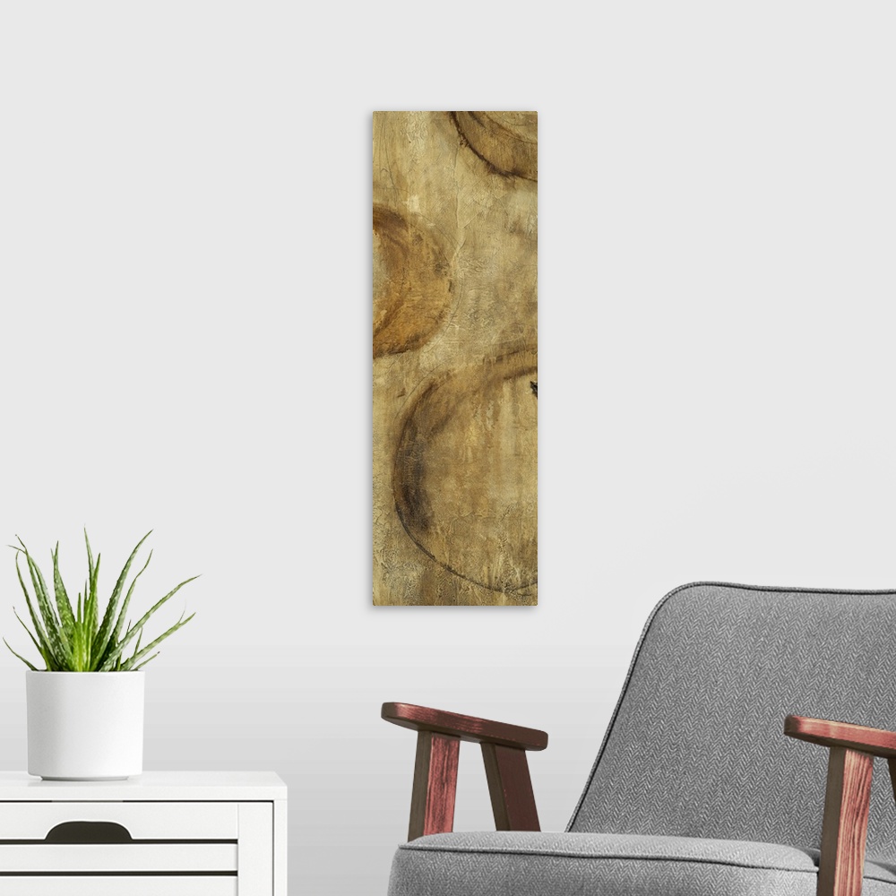 A modern room featuring Contemporary abstract artwork using dark earth tones and organic shapes.