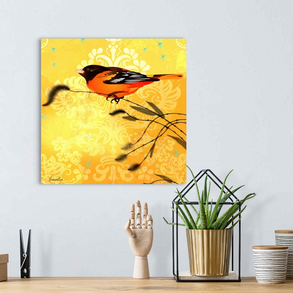A bohemian room featuring Contemporary artwork of a garden bird perched on a branch against a golden background.