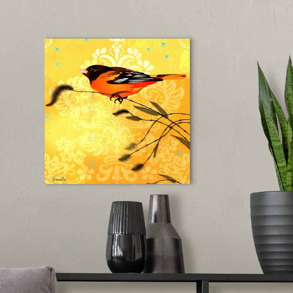 A modern room featuring Contemporary artwork of a garden bird perched on a branch against a golden background.