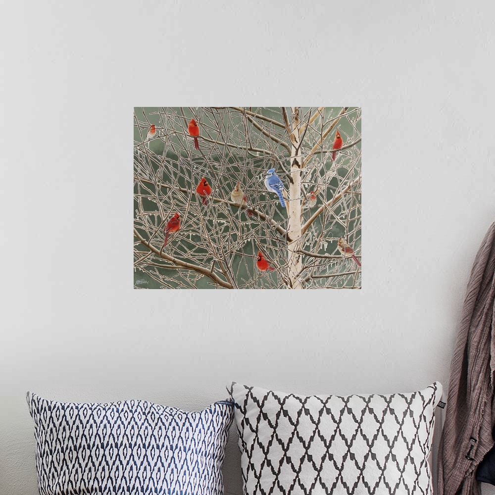 A bohemian room featuring Contemporary painting of several cardinals and a blue jay sitting in a bare tree, resembling Chri...