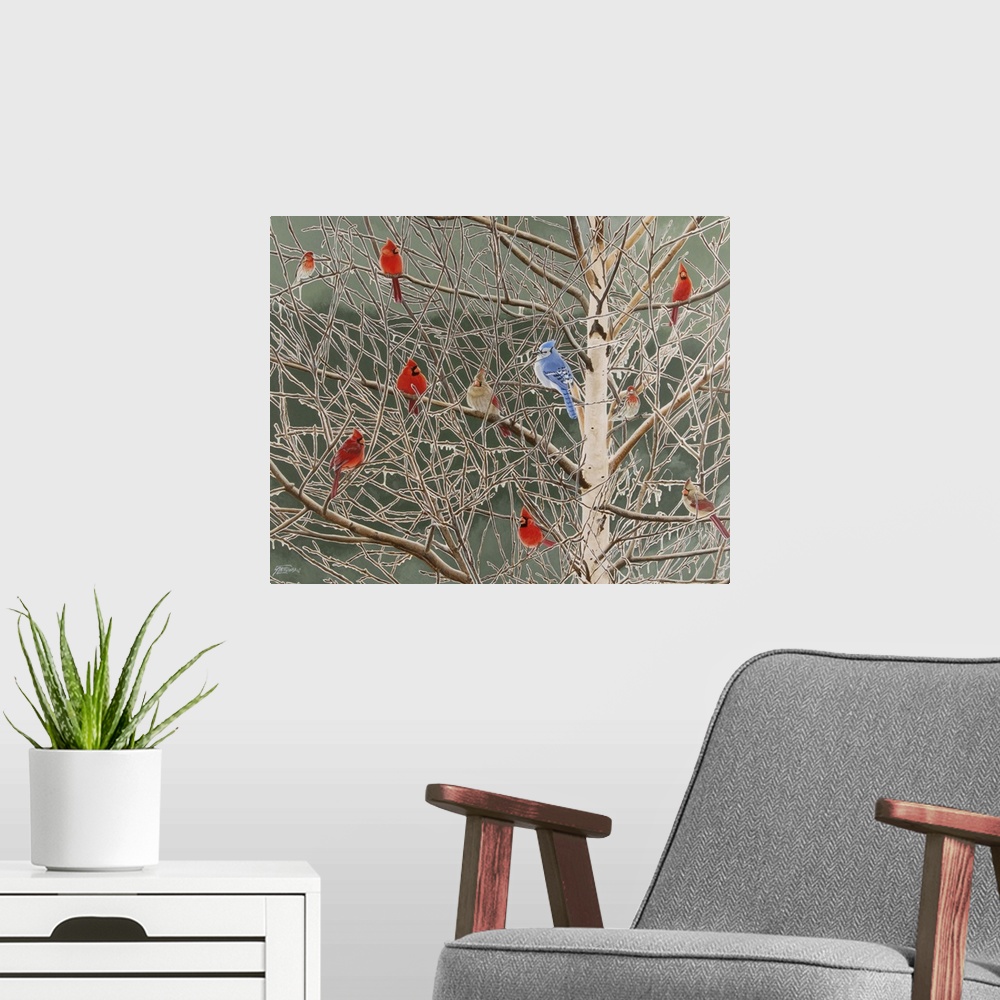 A modern room featuring Contemporary painting of several cardinals and a blue jay sitting in a bare tree, resembling Chri...