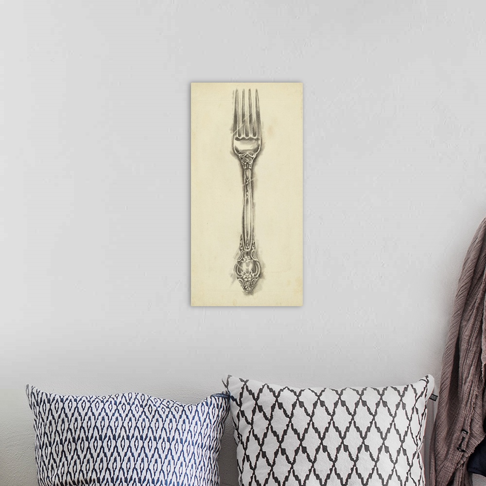 A bohemian room featuring Home decor artwork perfect for any kitchen of an antique silver fork against a beige distressed b...