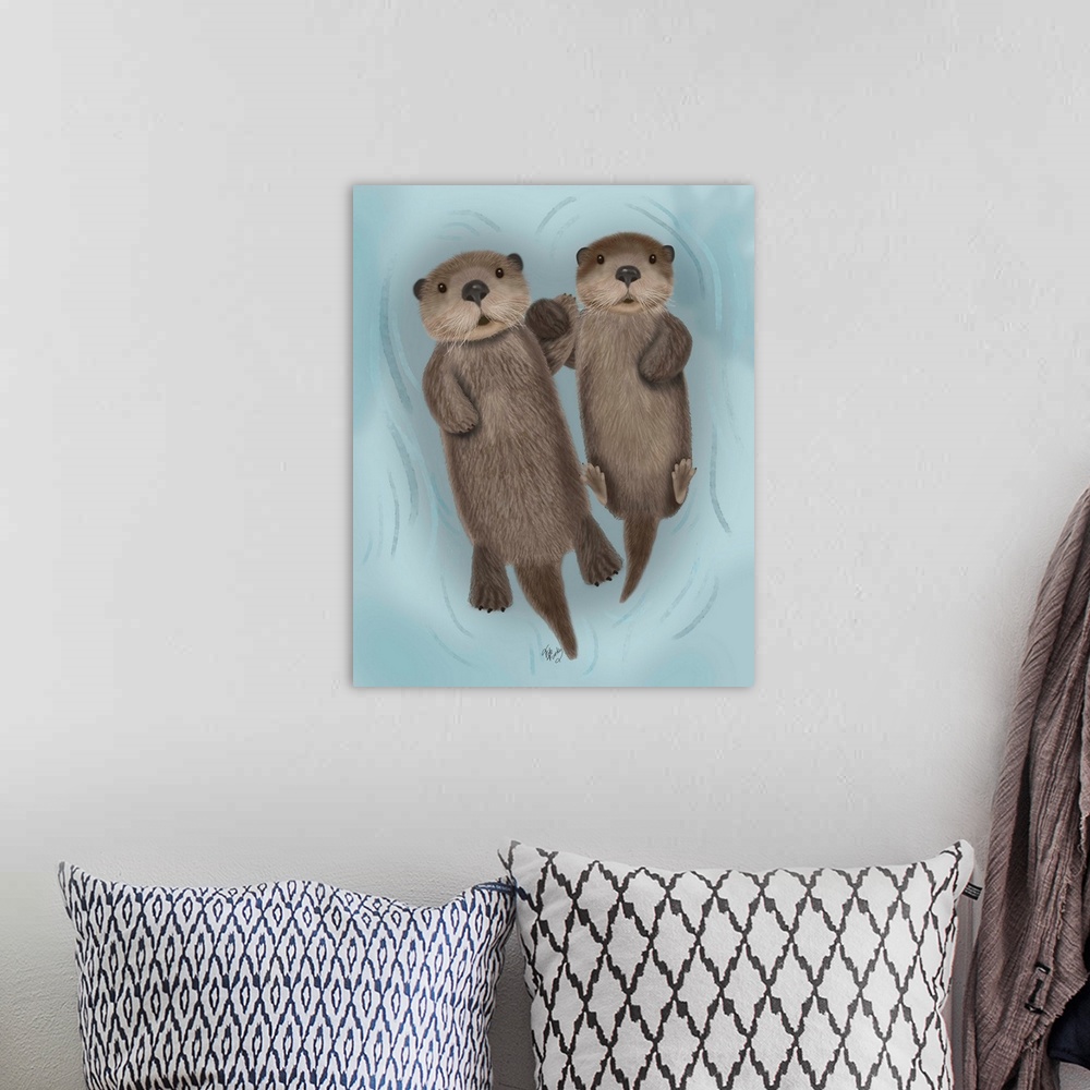 A bohemian room featuring Two cute sea otters floating on their backs and holding hands.