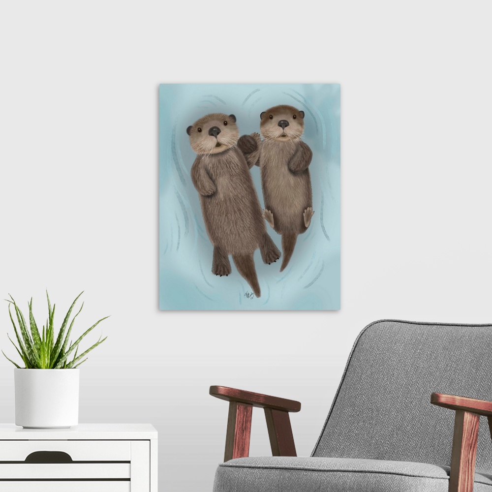 A modern room featuring Two cute sea otters floating on their backs and holding hands.