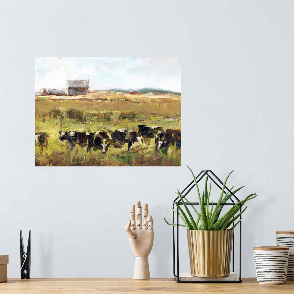 A bohemian room featuring Contemporary artwork of a herd of cattle grazing in a field near a barn.