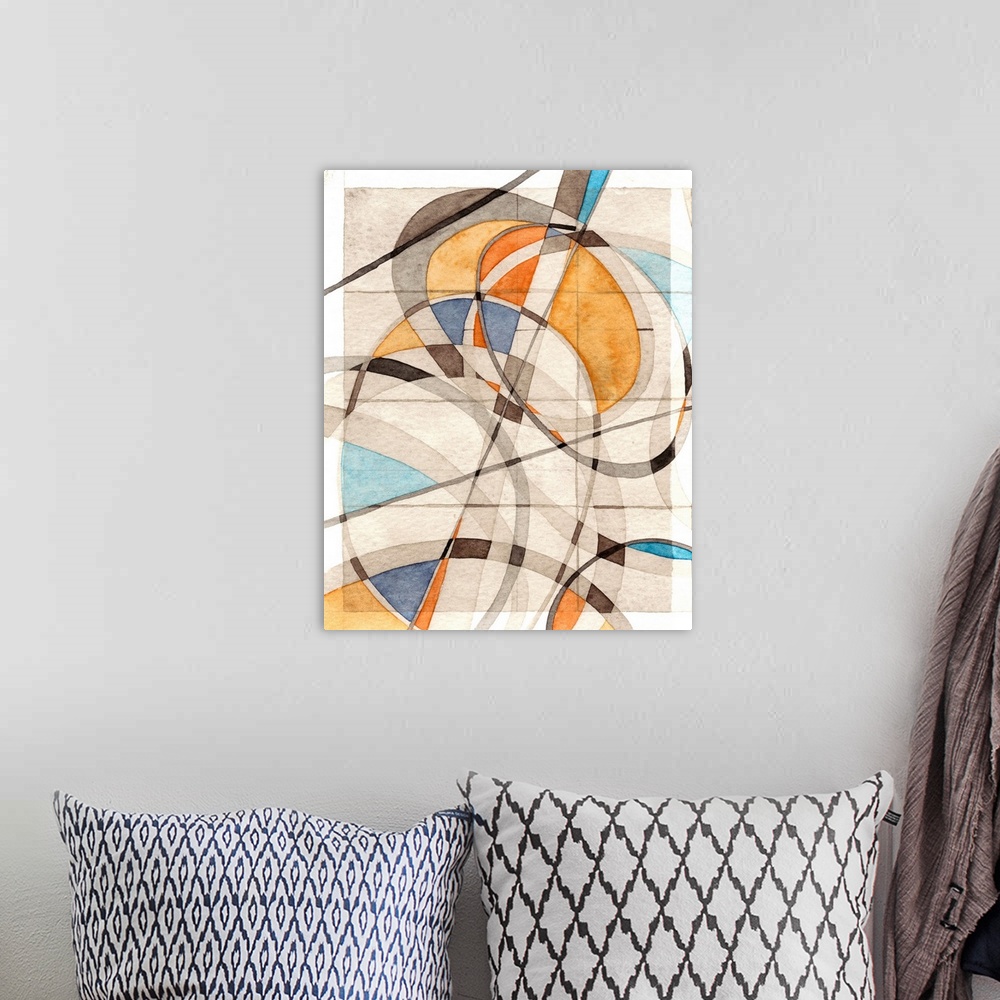 A bohemian room featuring Contemporary abstract artwork using thin bold lines in overlapping criss crossing patterns with m...