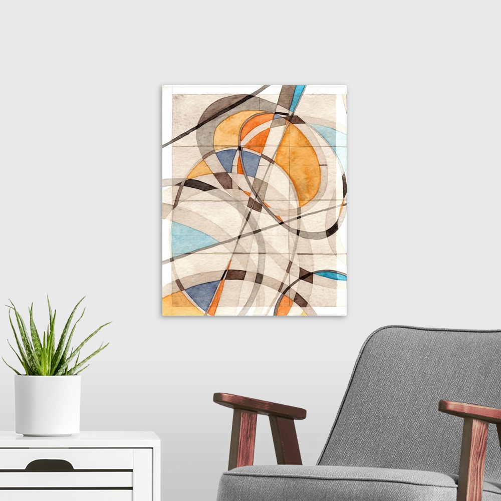 A modern room featuring Contemporary abstract artwork using thin bold lines in overlapping criss crossing patterns with m...