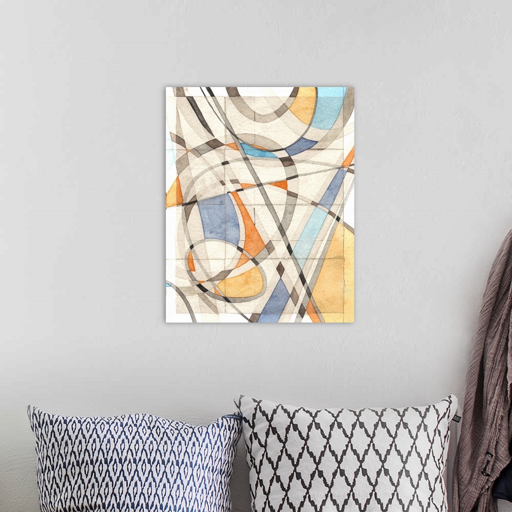 A bohemian room featuring Contemporary abstract artwork using thin bold lines in overlapping criss crossing patterns with m...
