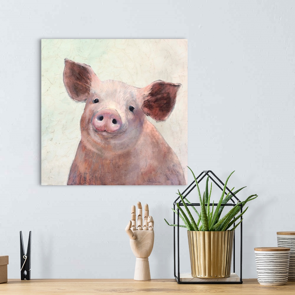 A bohemian room featuring Square painting of a pig on a neutral background.