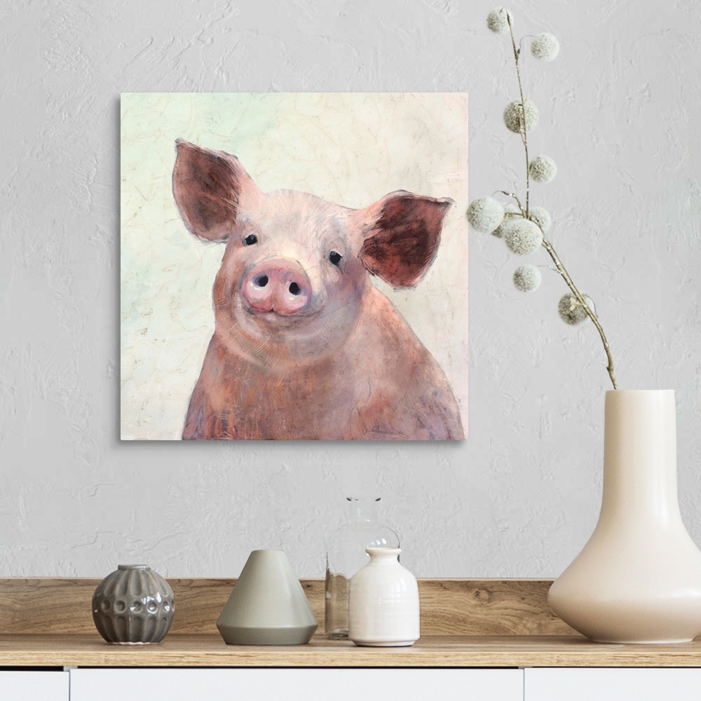 A farmhouse room featuring Square painting of a pig on a neutral background.
