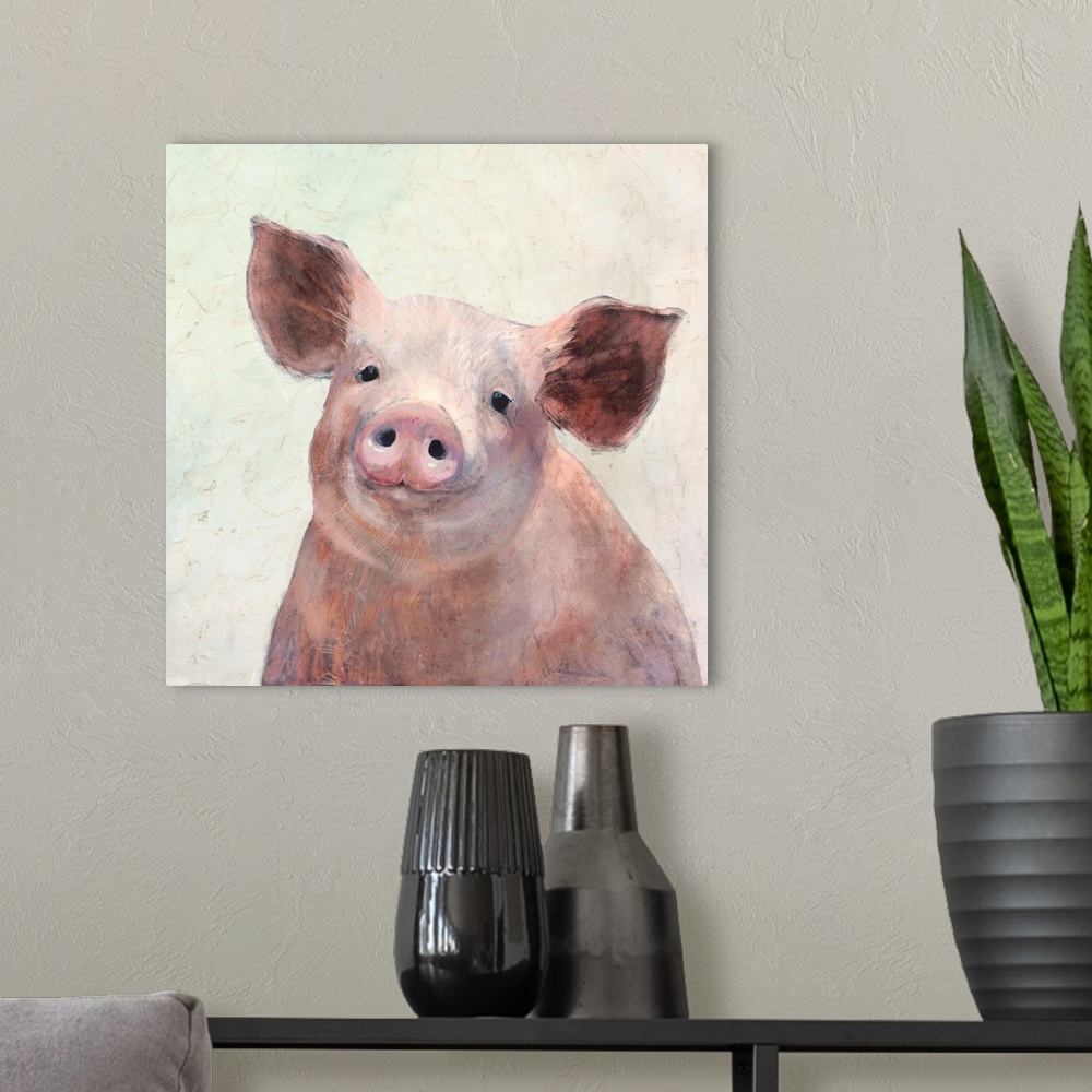 A modern room featuring Square painting of a pig on a neutral background.