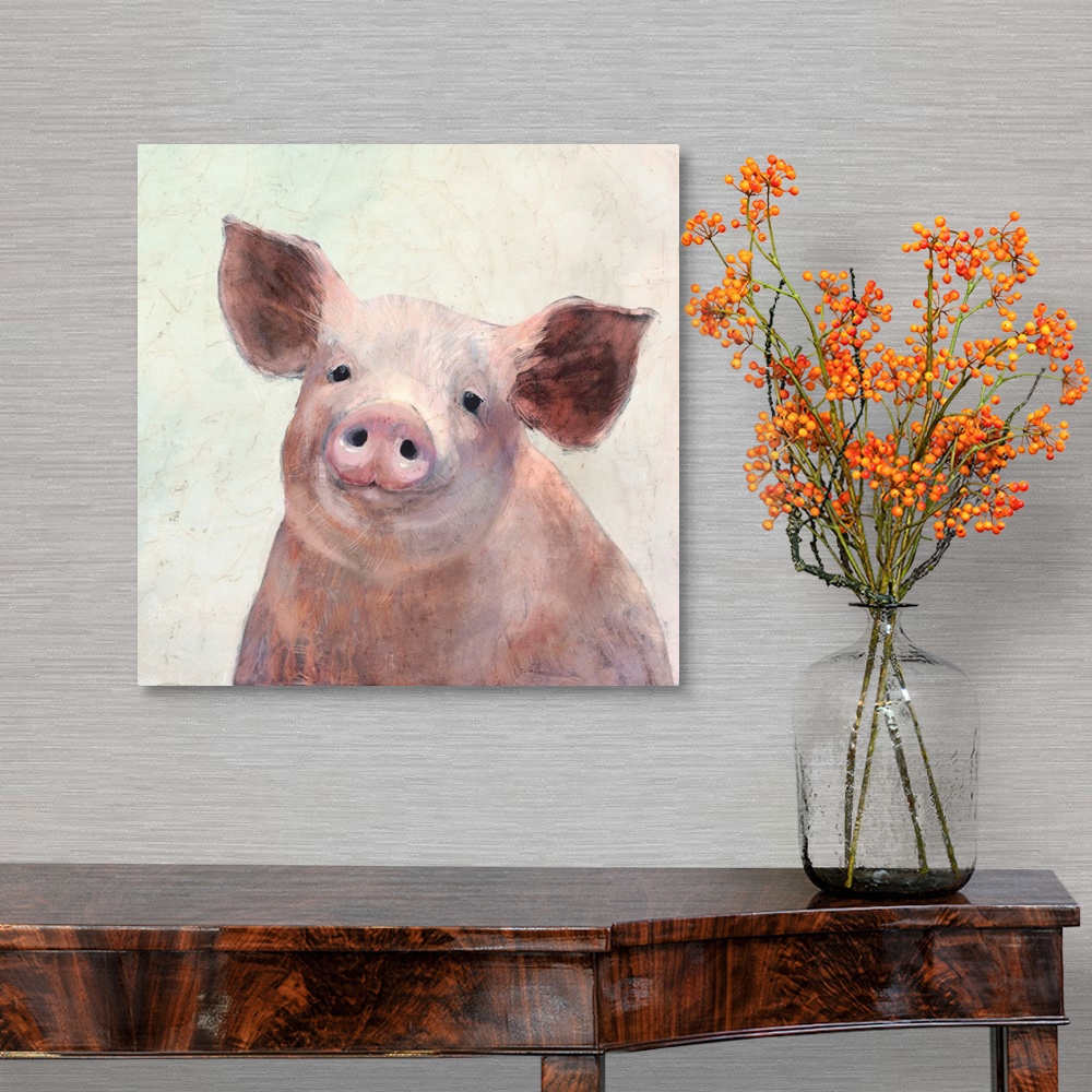 A traditional room featuring Square painting of a pig on a neutral background.