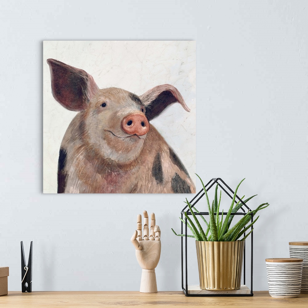 A bohemian room featuring Square painting of a pig with black spots on a neutral background.