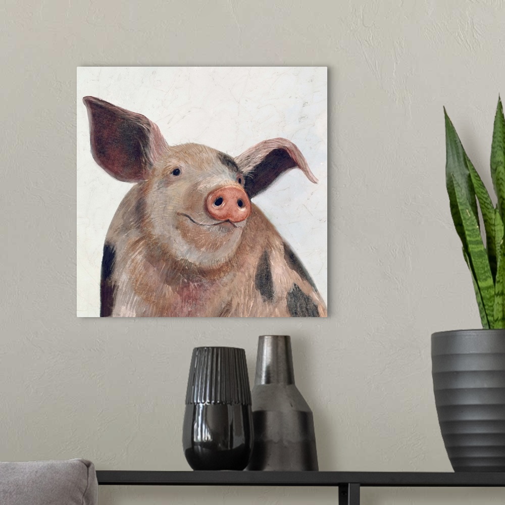 A modern room featuring Square painting of a pig with black spots on a neutral background.