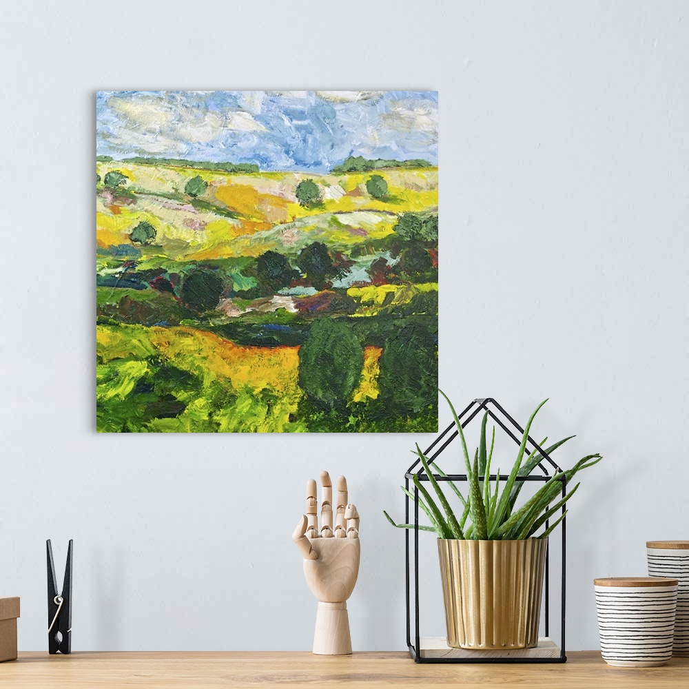 A bohemian room featuring Contemporary painting of a country landscape with trees along the edges of the rolling hills.