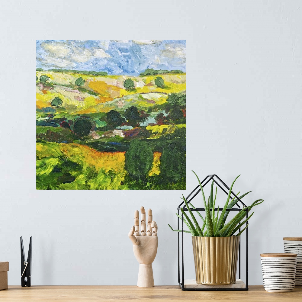A bohemian room featuring Contemporary painting of a country landscape with trees along the edges of the rolling hills.