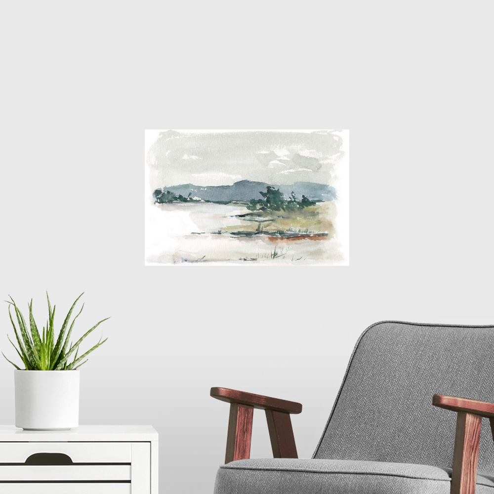 A modern room featuring Watercolor abstract landscape in muted earth tones and blues.