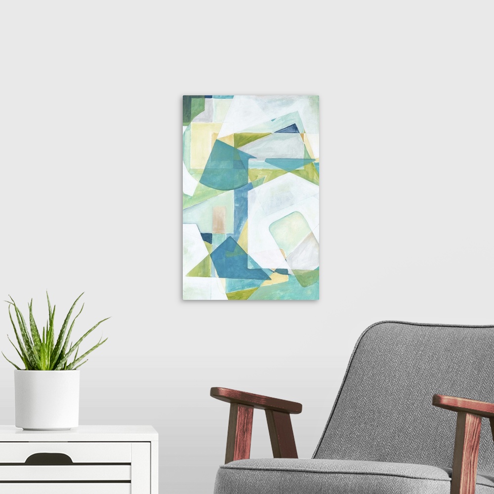 A modern room featuring Contemporary abstract in cool colors made of bold shapes.