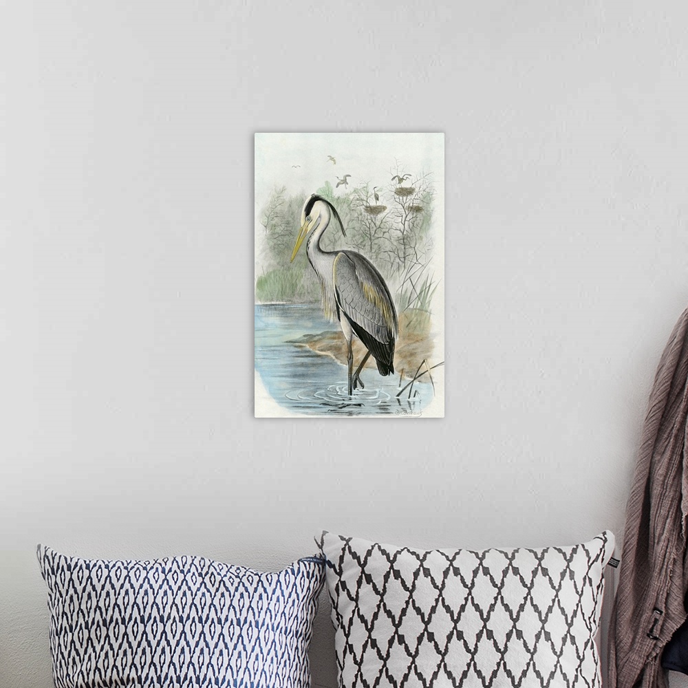 A bohemian room featuring Vintage style illustration of a common heron standing in a marshland.