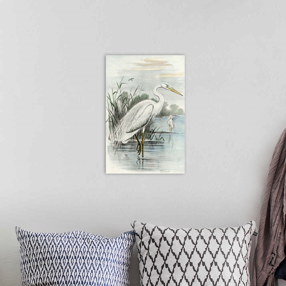 A bohemian room featuring Vintage style illustration of a white heron standing in a marshland.