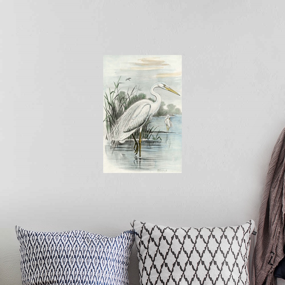 A bohemian room featuring Vintage style illustration of a white heron standing in a marshland.