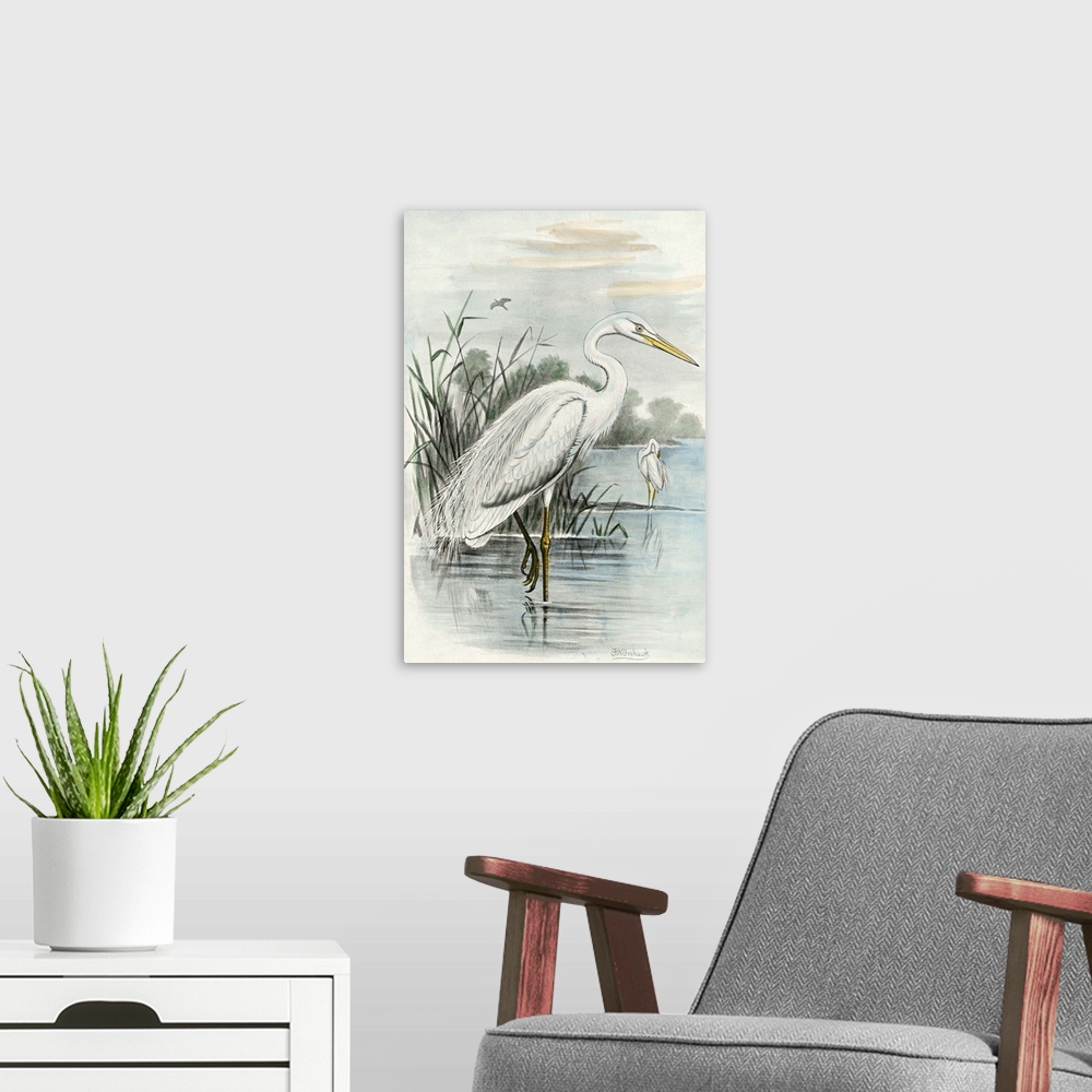 A modern room featuring Vintage style illustration of a white heron standing in a marshland.