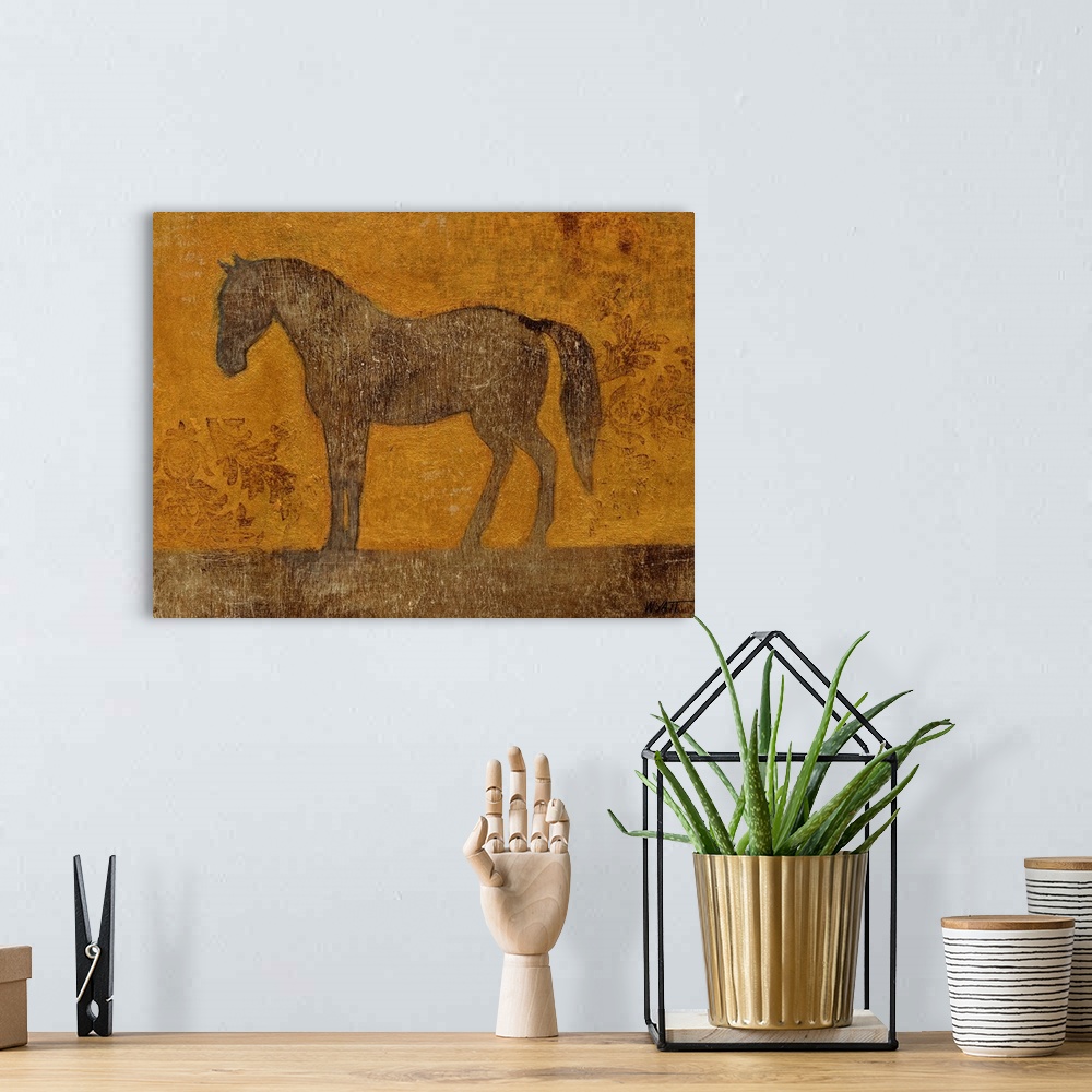 A bohemian room featuring A horse is drawn against a golden brown background with a couple patches of antique design. There...