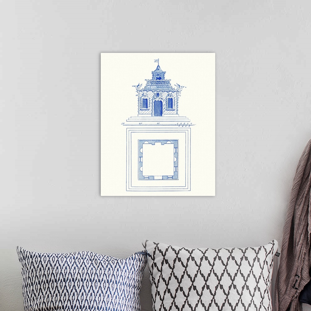 A bohemian room featuring Vertical decorative artwork of a simple pagoda blueprint featuring an architectural drawing.