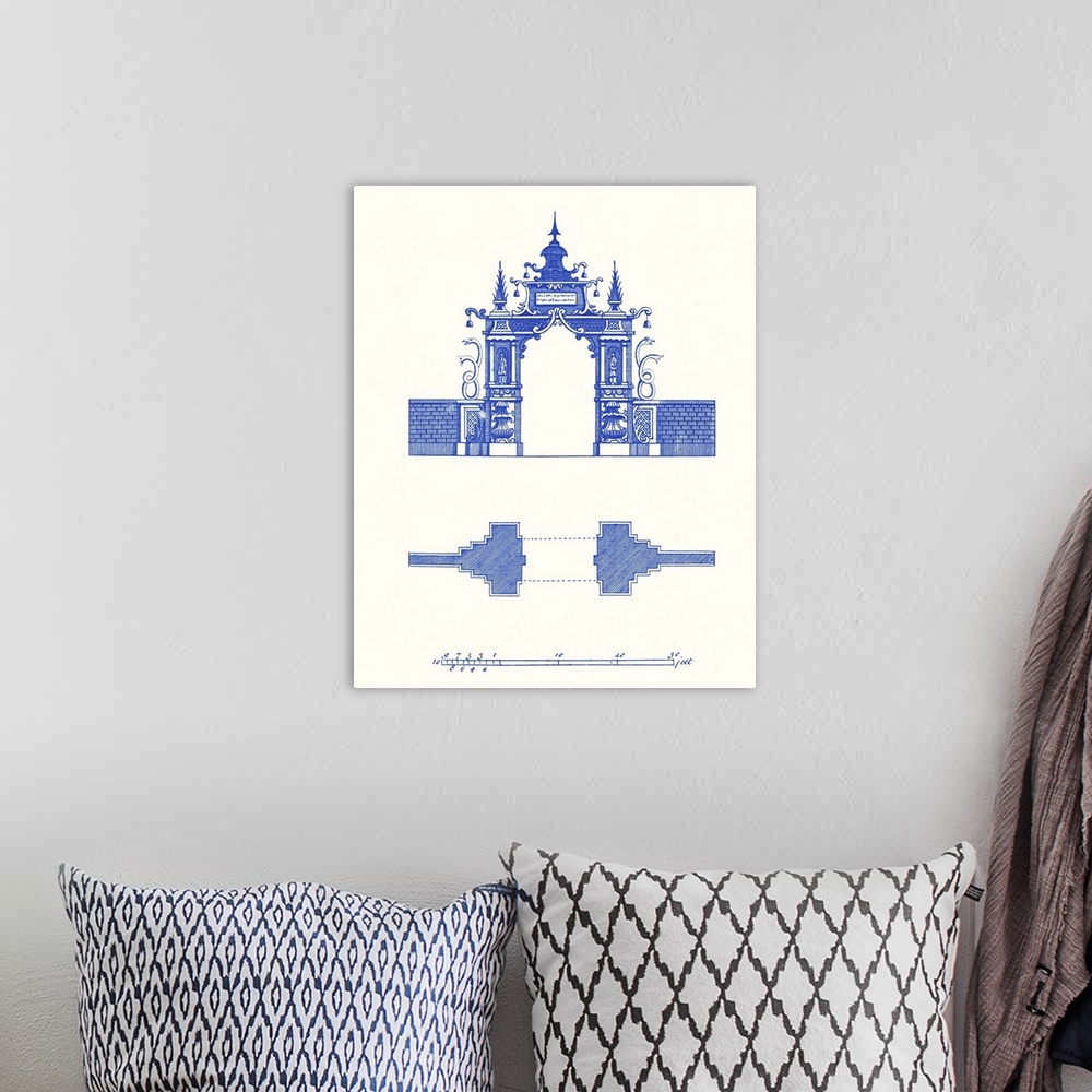 A bohemian room featuring Vertical decorative artwork of a simple pagoda blueprint featuring an architectural drawing.