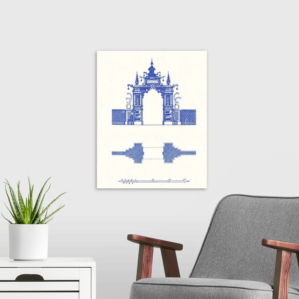 A modern room featuring Vertical decorative artwork of a simple pagoda blueprint featuring an architectural drawing.