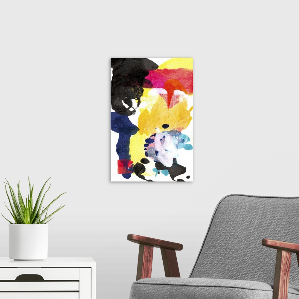 A modern room featuring Vibrantly colored abstract artwork in primary colors.