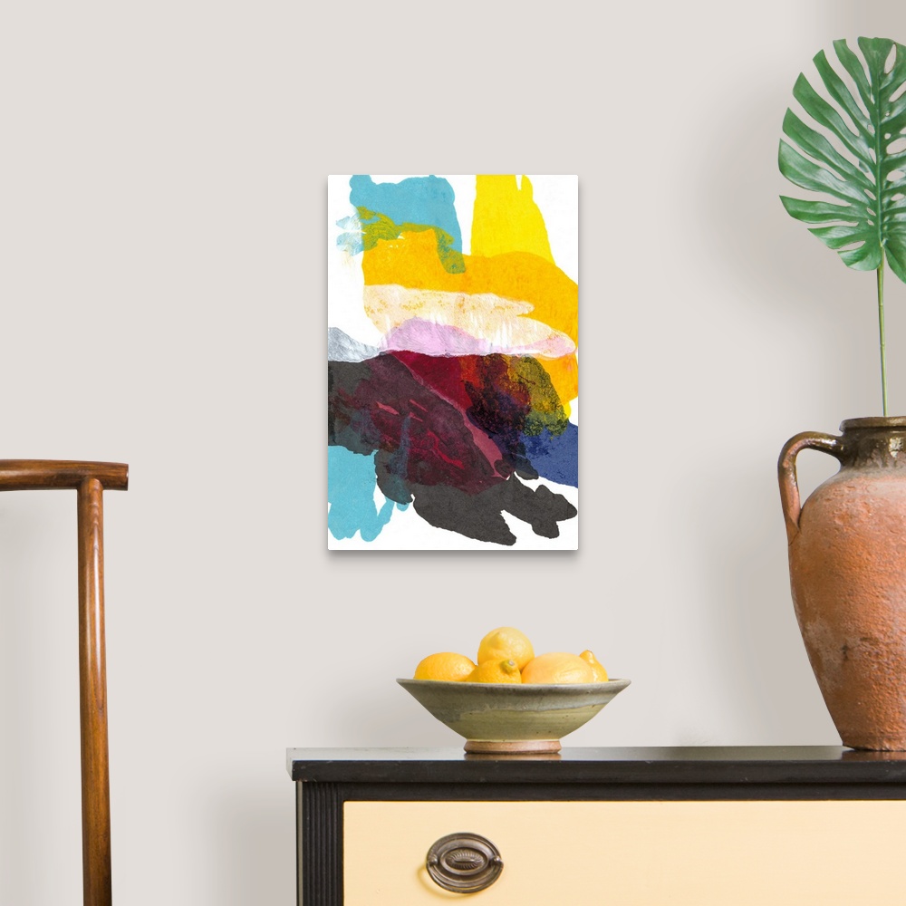 A traditional room featuring Vibrantly colored abstract artwork in primary colors.