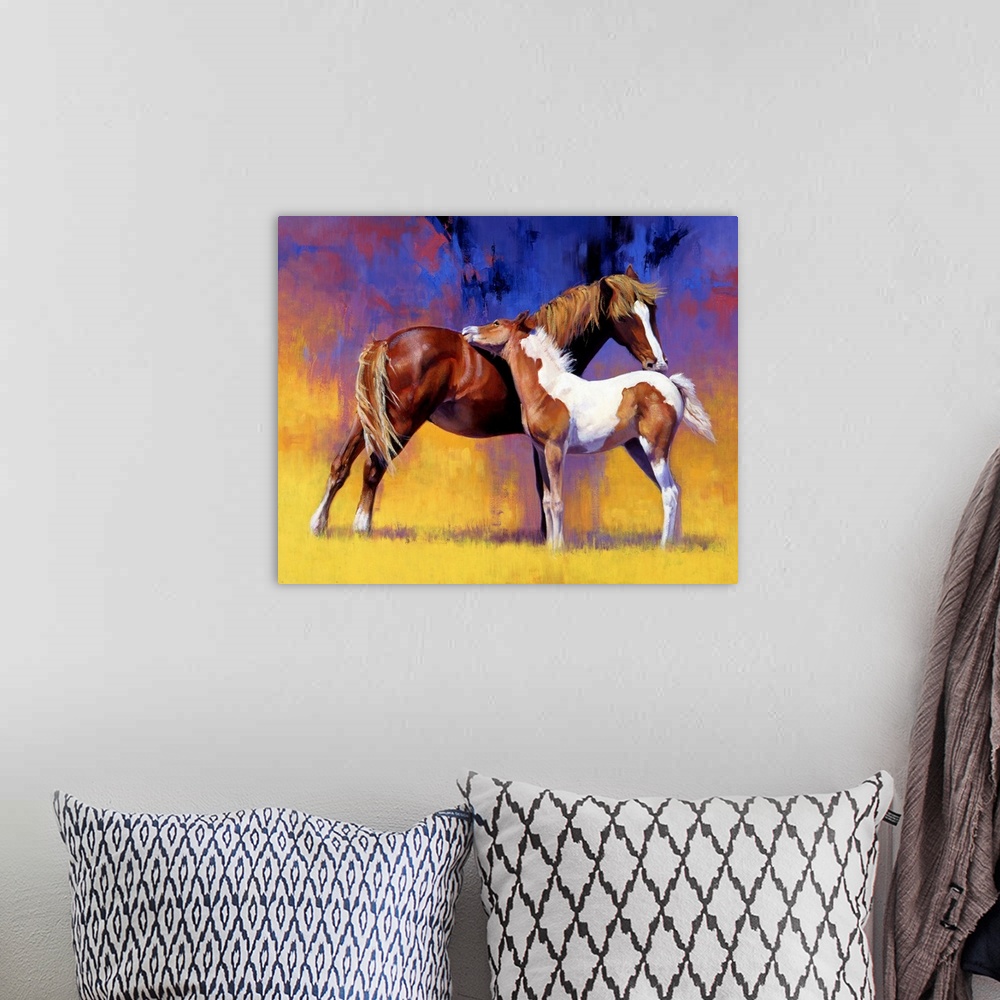 A bohemian room featuring Big painting on canvas of a baby horse cuddling with an adult horse.