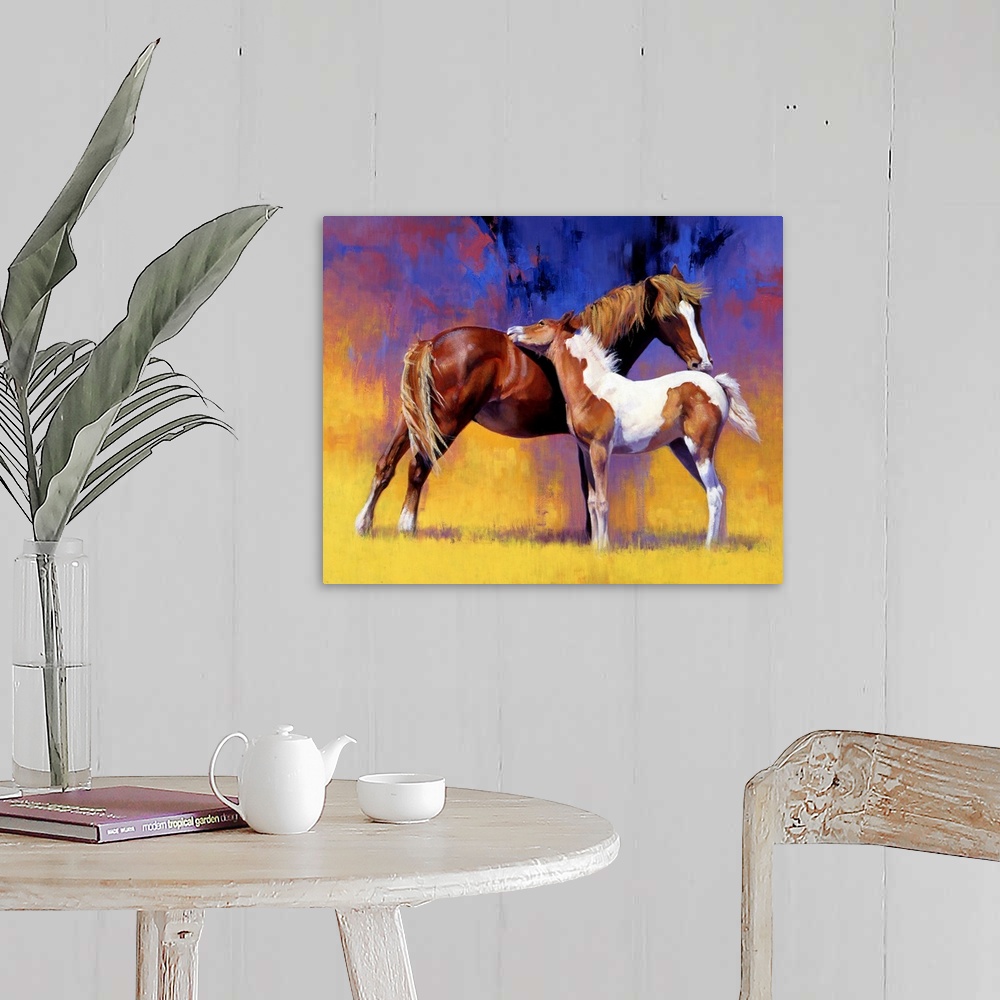 A farmhouse room featuring Big painting on canvas of a baby horse cuddling with an adult horse.