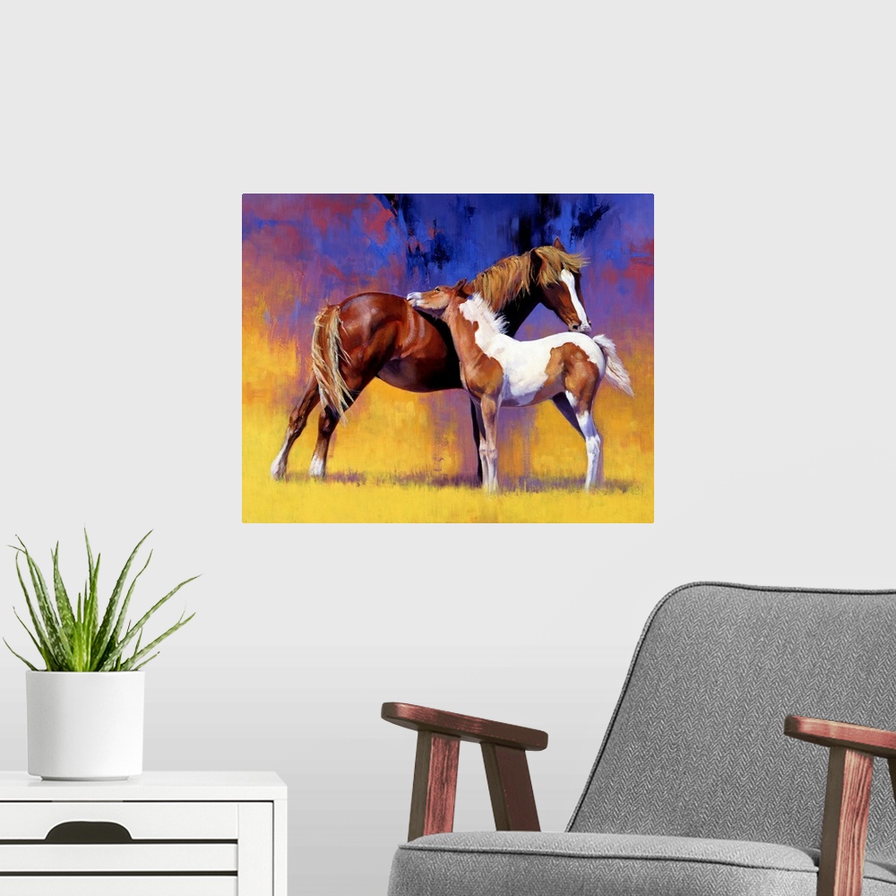 A modern room featuring Big painting on canvas of a baby horse cuddling with an adult horse.