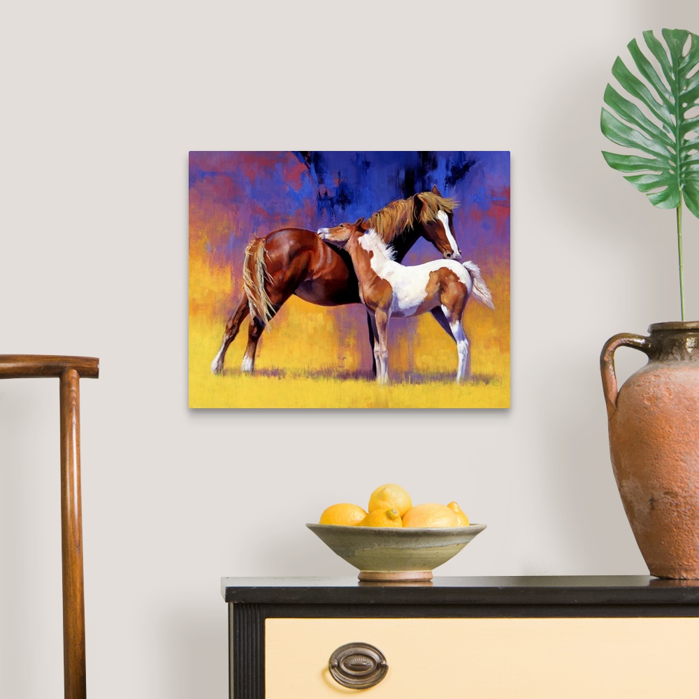 A traditional room featuring Big painting on canvas of a baby horse cuddling with an adult horse.