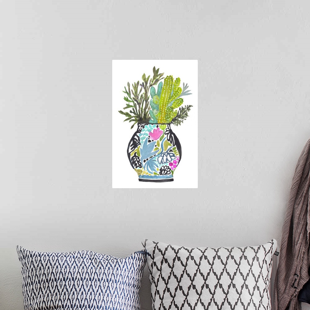 A bohemian room featuring Painted Vase With Cactus