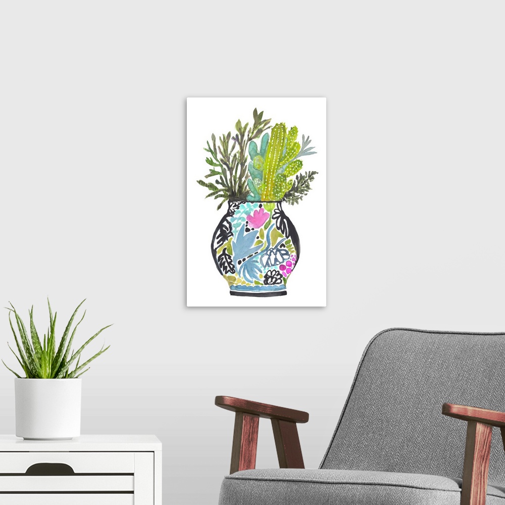 A modern room featuring Painted Vase With Cactus