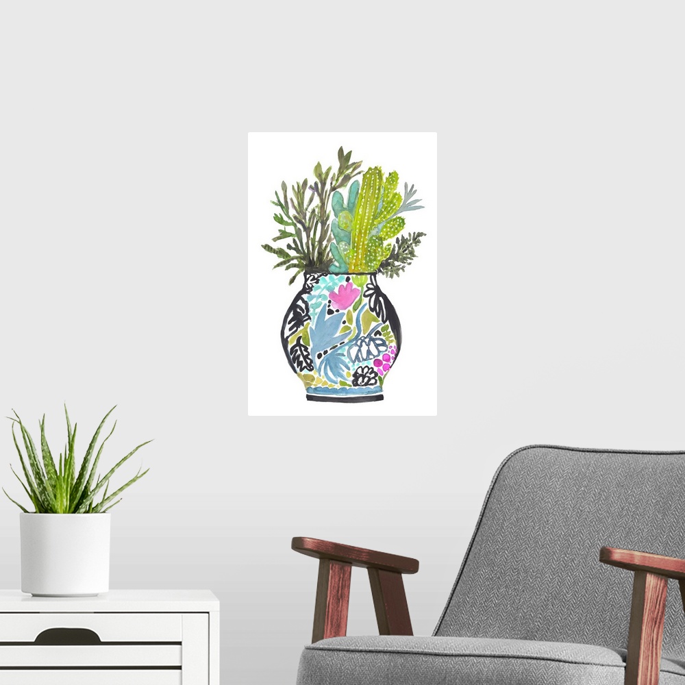 A modern room featuring Painted Vase With Cactus