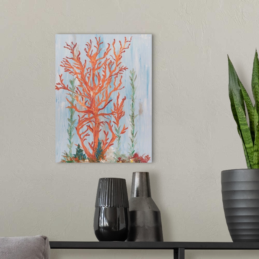 A modern room featuring Painting of bright red coral with green seaweed.