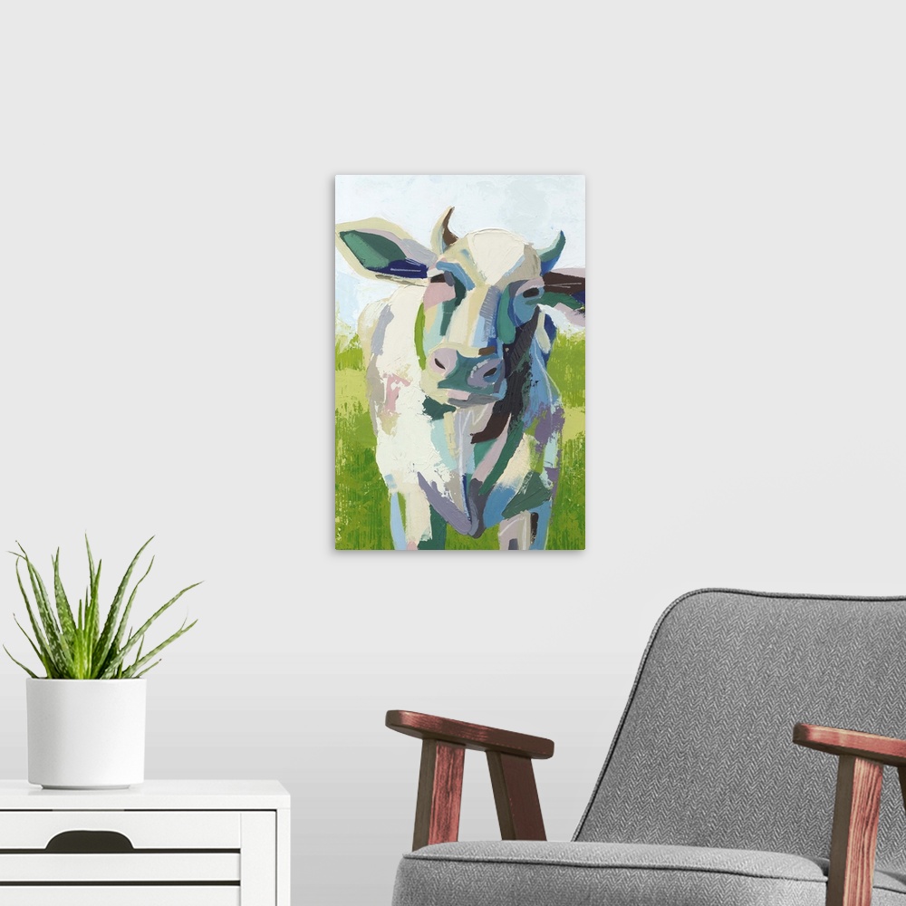 A modern room featuring Painterly Cow II