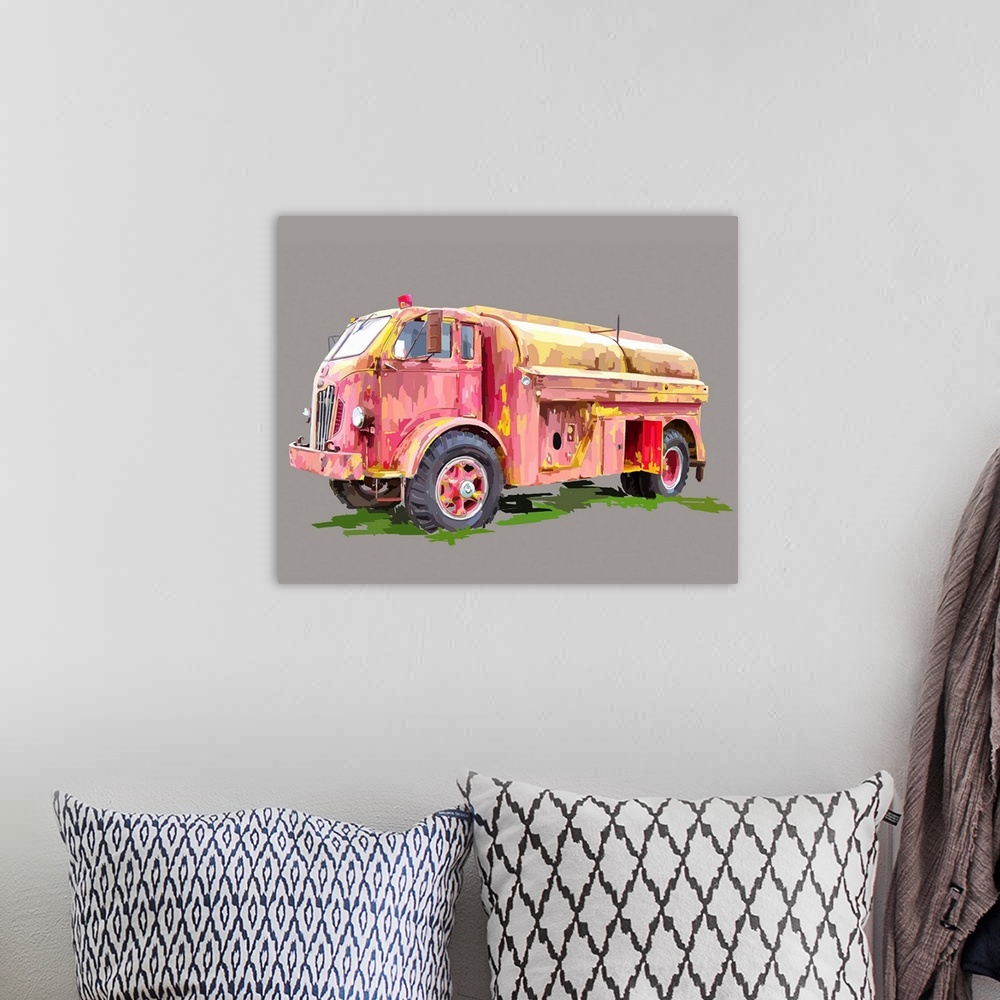 A bohemian room featuring Artwork of a vintage firetruck on a neutral grey background.