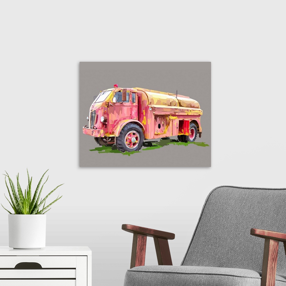 A modern room featuring Artwork of a vintage firetruck on a neutral grey background.