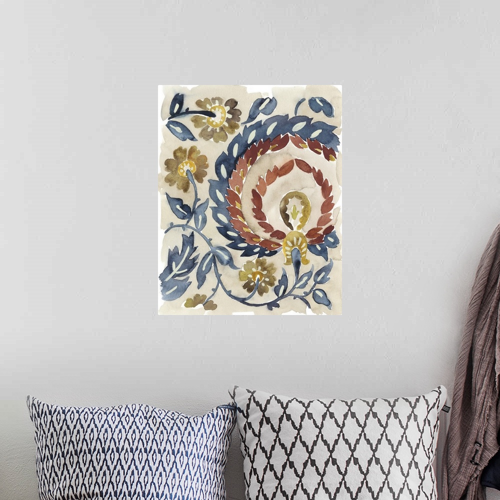 A bohemian room featuring Bohemian inspired abstract watercolor painting.